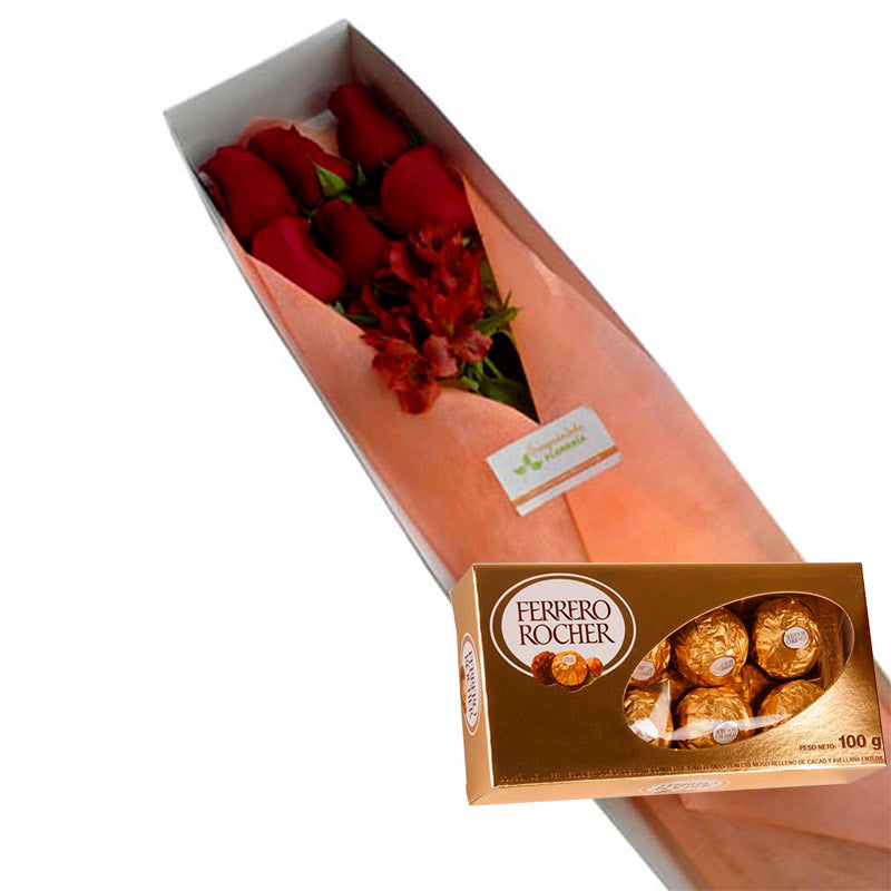 CAJA 6 ROSAS ASTROMELIAS Y FERRERO